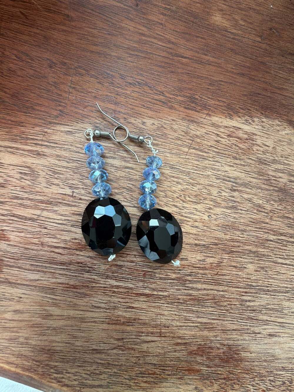 Blue AB Black Faceted Glass Bead Dangle Drop Earrings